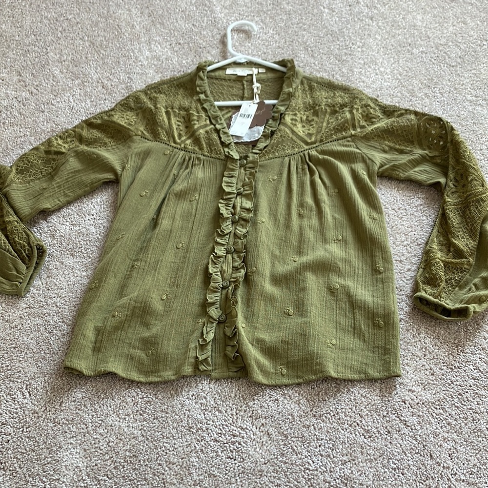 NEW. Anthropologie Forever that Girl beautiful crochet blouse. Olive green. NWT